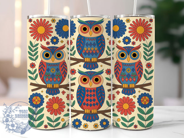Boho Whimsical Floral Owl Tumbler, Boho Floral, Seamless Wrap, Sublimation Art, 20oz Tumbler, Nature Theme, Colorful Design Sublimation ToriDesigns 