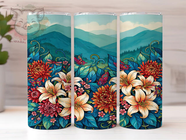 Boho Wildflower Rustic Bloom 20oz Tumbler, Cream Lilies, Golden Center, Bold Chrysanthemums, Pink Wildflowers, Skinny Tumbler, Sublimation PNG Sublimation Lara' s Designs 