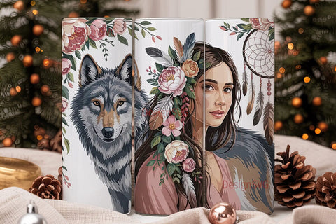 Boho Wolf & Dreamcatcher Tumbler Wrap Sublimation DesignSVG 
