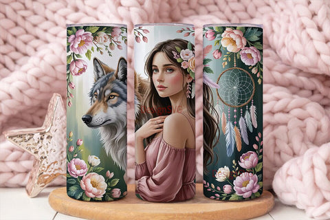 Boho Wolf & Dreamcatcher Tumbler Wrap Sublimation DesignSVG 