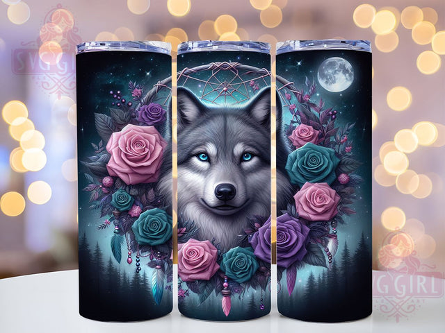 Boho Wolf Spirit Tumbler Gift, Bohemian Wolf Cup, Tribal Design Present, Spirit Animal Tumbler, Dream Catcher Art, Boho Nature Gift, Wolf Spirit Cup Sublimation SvggirlplusArt 