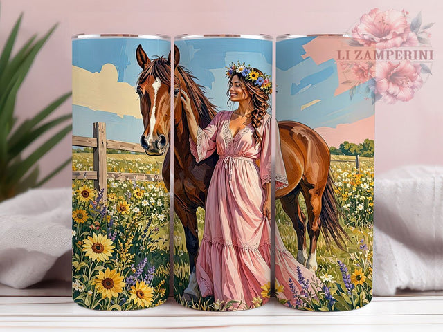 Boho Woman Horse Meadow 20oz Tumbler, Boho Style, Woman Silhouette, Horse Motif, Meadow Theme, Glow Effect, Rustic Charm, Sublimation PNG Sublimation Li Zamperini 