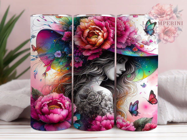 Boho Woman Peony Tumbler, Peony Flower Tumbler Wrap, 20oz Sublimation Tumbler, Floral Butterfly Tumbler, Elegant Bohemian Design, Feminine Aesthetic Tumbler, Vintage Floral Tumbler Sublimation Li Zamperini 