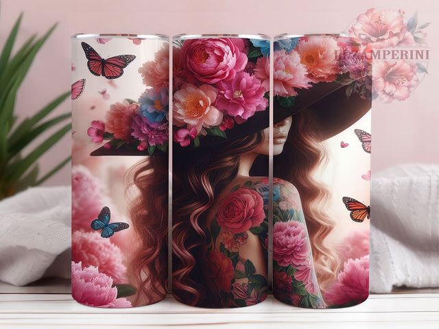 Boho Woman Peony Tumbler, Peony Flower Tumbler Wrap, 20oz Sublimation Tumbler, Floral Butterfly Tumbler, Elegant Bohemian Design, Feminine Aesthetic Tumbler, Vintage Floral Tumbler Sublimation Li Zamperini 