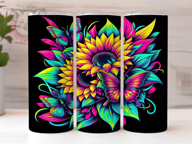 Bold Butterfly Neon Floral Tumbler Wrap, Neon Floral Tumbler, Retro Pop Tumbler, Butterfly Sunflower, 20oz Tumbler Wrap, Sublimation Design, Floral Tumbler Sublimation Lara' s Designs 