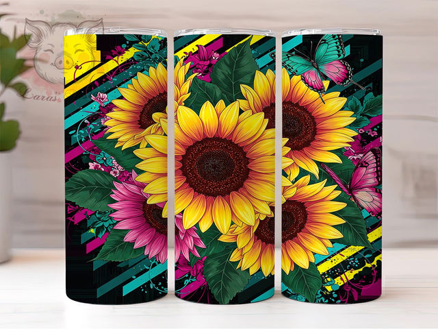 Bold Butterfly Neon Floral Tumbler Wrap, Neon Floral Tumbler, Retro Pop Tumbler, Butterfly Sunflower, 20oz Tumbler Wrap, Sublimation Design, Floral Tumbler Sublimation Lara' s Designs 
