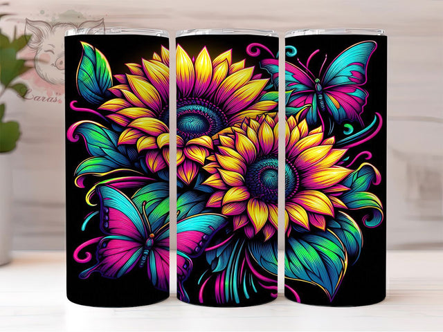 Bold Butterfly Neon Floral Tumbler Wrap, Neon Floral Tumbler, Retro Pop Tumbler, Butterfly Sunflower, 20oz Tumbler Wrap, Sublimation Design, Floral Tumbler Sublimation Lara' s Designs 
