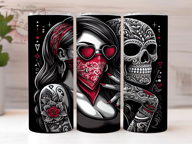 Bold & Mysterious Skull Girl Tumbler, Skull Girl Design, Gothic Tattoo Sublimation, Dark Femme Wrap, 20oz Alt Tumbler, Tattoo Lover Gift, DIY Dark Academia Tumbler Sublimation Lara' s Designs 