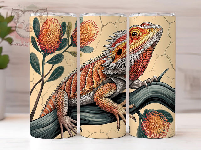Bold & Rugged Bearded Dragon Tumbler, Banksia Flower Design, Australian Reptile Wrap, Native Flora Sublimation, Aussie Wildlife Tumbler, 20oz Lizard Lover Gift, DIY Outback Tumbler Sublimation Lara' s Designs 