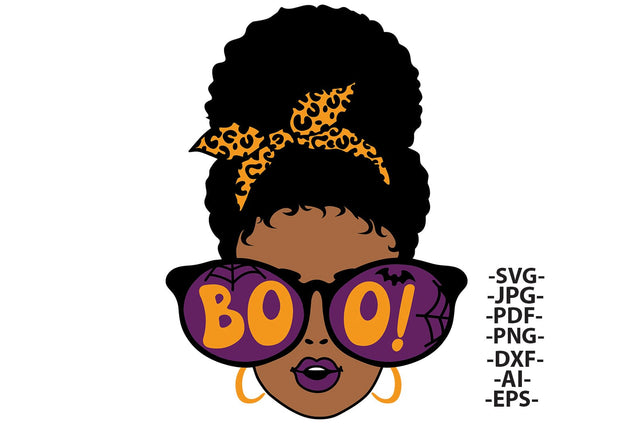 BOO Afro Girl SVG | Halloween Leopard Print Hair Bow | Spooky Glasses Sublimation Clipart for Cricut and More SVG 1uniqueminute 