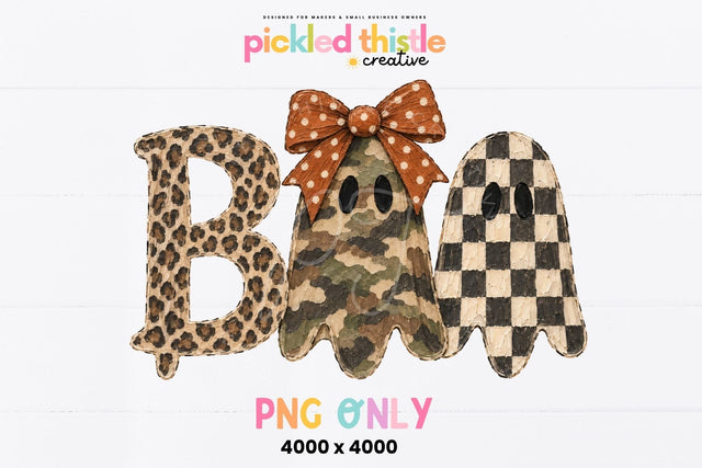 BOO Ghost PNG, Leopard Camo Checkered Halloween SVG Sublimation Pickled Thistle Creative 