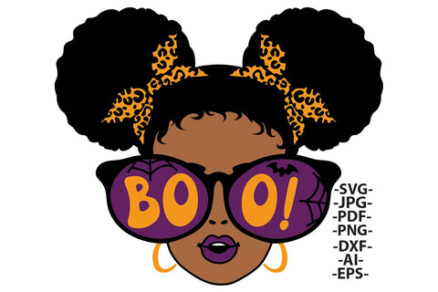 BOO Girl SVG | Afro Halloween Glasses Clipart | Cute Leopard Bow Black Girl Halloween Sublimation Design SVG 1uniqueminute 
