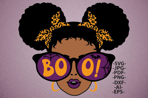 BOO Girl SVG | Afro Halloween Glasses Clipart | Cute Leopard Bow Black Girl Halloween Sublimation Design SVG 1uniqueminute 