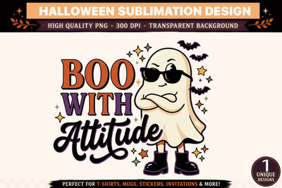 Boo with Attitude Halloween PNG Sublimation Design, Cool Ghost Wearing Black Sunglasses and Platform Boots, Funny Spooky Quote with Retro Gothic Typography for T Shirts, Mugs, Stickers and Gifts Sublimation BlackCatsMedia 