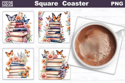 Book Butterfly Square Coaster | Book Lover Square Coaster Sublimation WatercolorColorDream 