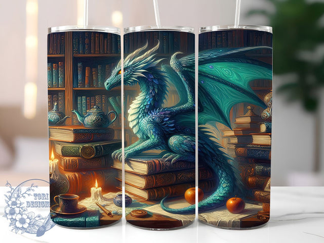 Book Dragon Fantasy Reading Tumbler, Dragon Arts, Fantasy Tumbler, 20Oz Tumbler Wrap, Sublimation Drinkware, Mythical Creature, Reading Dragon Sublimation ToriDesigns 