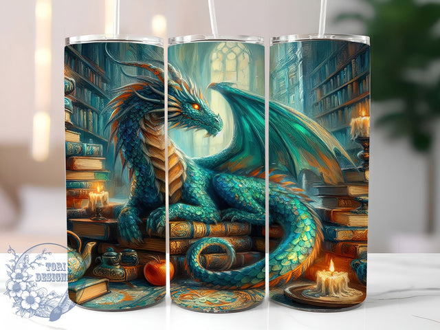 Book Dragon Fantasy Reading Tumbler, Dragon Arts, Fantasy Tumbler, 20Oz Tumbler Wrap, Sublimation Drinkware, Mythical Creature, Reading Dragon Sublimation ToriDesigns 
