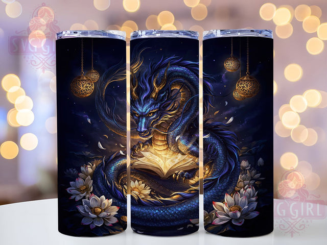 Book Dragon Royal Blue Scales 20oz Tumbler, Eastern Dragon, Blue Black Scales, Golden Horns, Royal Blue Mane, Skinny Tumbler, Sublimation PNG Sublimation SvggirlplusArt 