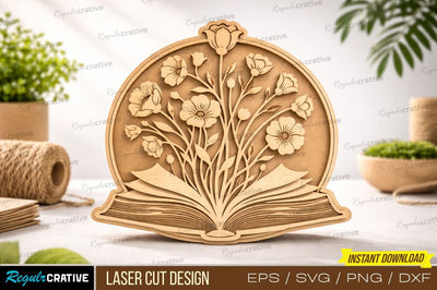 Book Flower Laser Cut Book with Flowers Laser Cut Design – Blooming Knowledge Circular Outline for Craft & Décor SVG Regulrcrative 