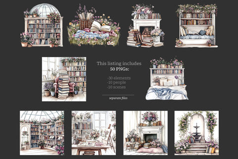 Book Lover Clipart | Books Flowers Illustration with Animals SVG GlamArtZhanna 