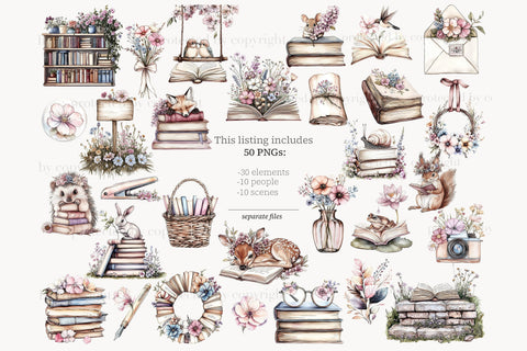 Book Lover Clipart | Books Flowers Illustration with Animals SVG GlamArtZhanna 