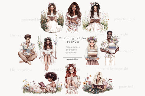 Book Lover Clipart | Books Flowers Illustration with Animals SVG GlamArtZhanna 