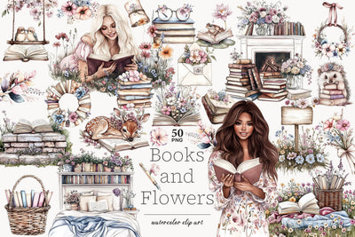 Book Lover Clipart | Books Flowers Illustration with Animals SVG GlamArtZhanna 