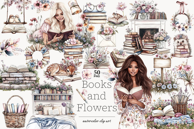 Book Lover Clipart | Books Flowers Illustration with Animals SVG GlamArtZhanna 