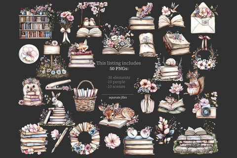 Book Lover Clipart | Books Flowers Illustration with Animals SVG GlamArtZhanna 