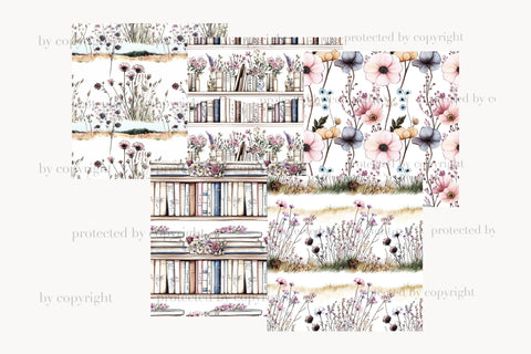 Book Lover Digital Paper | Wildflowers Library Patterns Digital Pattern GlamArtZhanna 