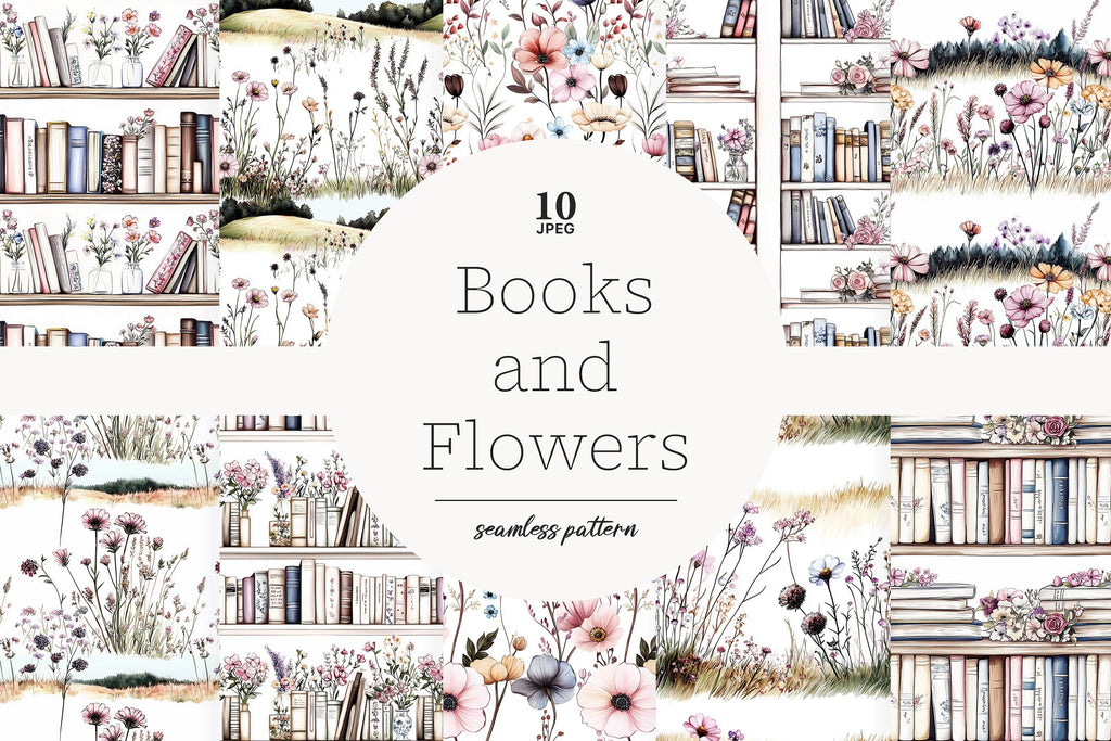 Book Lover Digital Paper | Wildflowers Library Patterns - So Fontsy