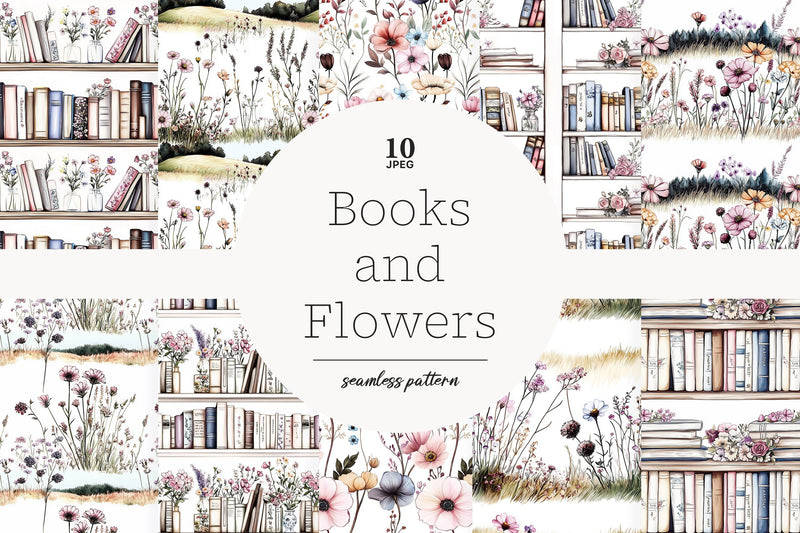 Book Lover Digital Paper | Wildflowers Library Patterns Digital Pattern GlamArtZhanna 
