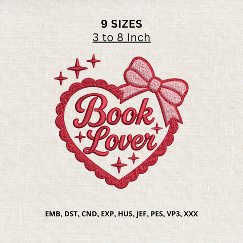Book Lover Heart Bow Machine Embroidery Design – Reading Lover Bookish Embroidery File Embroidery/Applique DESIGNS PatternFeed8 