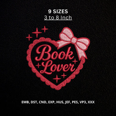 Book Lover Heart Bow Machine Embroidery Design – Reading Lover Bookish Embroidery File Embroidery/Applique DESIGNS PatternFeed8 