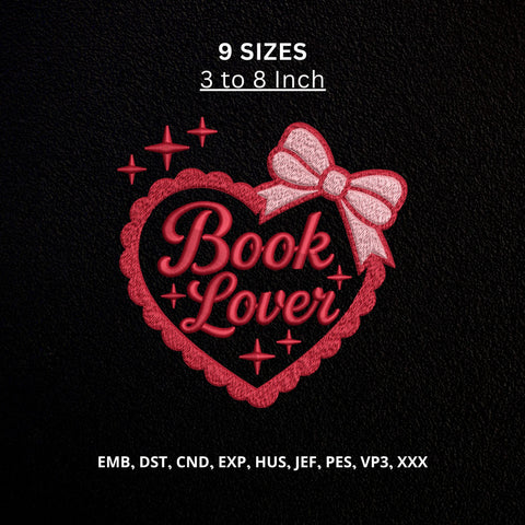 Book Lover Heart Bow Machine Embroidery Design – Reading Lover Bookish Embroidery File Embroidery/Applique DESIGNS PatternFeed8 
