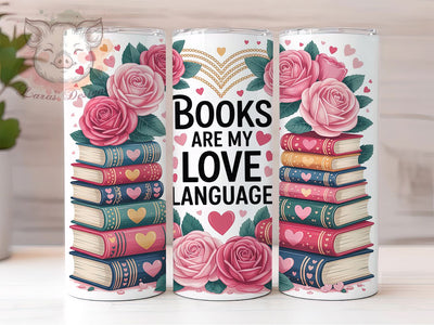 Book Lover Valentine Tumbler, Pink Love Language Wrap, Romantic Reader Cup, 20oz Sublimation Wrap, Stylish Valentine Design Tumbler, Artistic Book Heart Cup, Whimsical Reading Love Theme Wrap Sublimation Lara' s Designs 