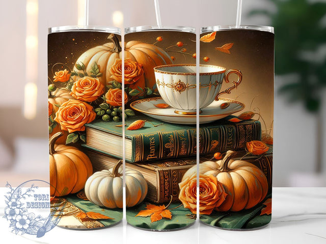 Book Lover's Autumn 20oz Skinny Tumbler, Vintage Floral Books Tumbler Png, Straight & Tapered Tumbler Wrap, Instant Digital Download Sublimation ToriDesigns 