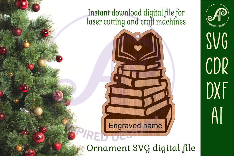 Book lovers Christmas Ornament SVG laser cut SVG APInspireddesigns 