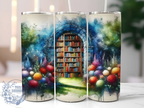 Book Lover's Library 20oz Skinny Tumbler, Stack of Books Tumbler Png, Straight & Tapered Tumbler Wrap, Instant Digital Download Sublimation ToriDesigns 