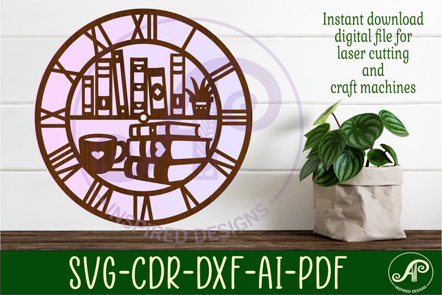 Book lovers wall clock laser cut files SVG APInspireddesigns 