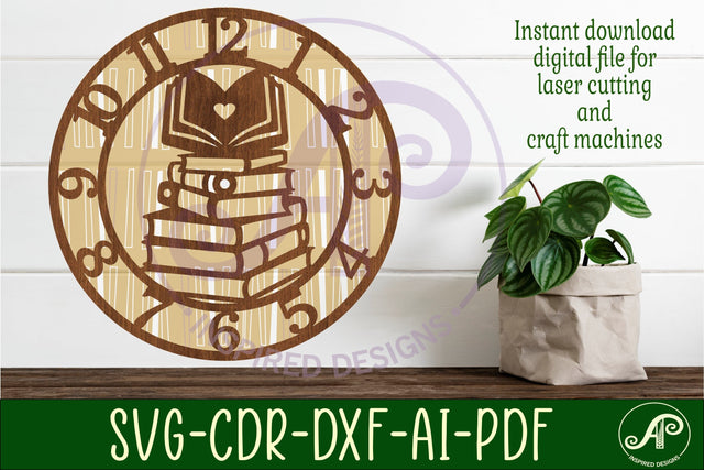 Book lovers wall clock laser cut files, SVG file. vector SVG APInspireddesigns 