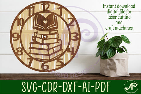 Book lovers wall clock laser cut files, SVG file. vector SVG APInspireddesigns 