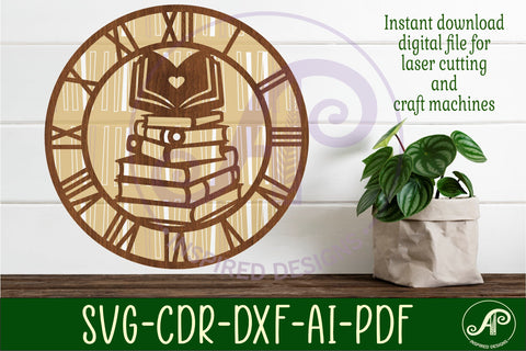 Book lovers wall clock laser cut files, SVG file. vector SVG APInspireddesigns 