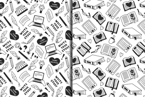 Book Writing Doodle Seamless Patterns JPG PNG EPS Digital Pattern Rin Green 