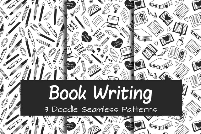 Book Writing Doodle Seamless Patterns JPG PNG EPS Digital Pattern Rin Green 