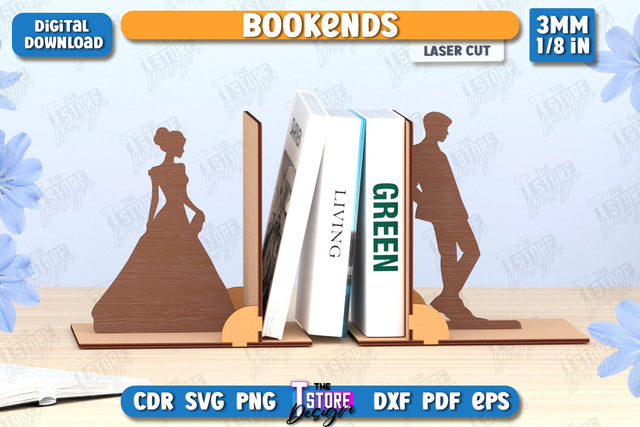 Bookends Laser Cut | Book Stopper | Books Holder | Silhouettes of a Man and a Woman | CNC File SVG The T Store Design 