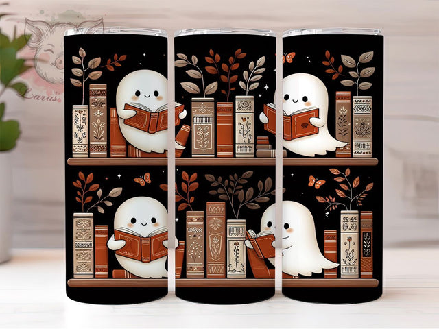 Bookish Ghost Spooky Floral Tumbler Wrap, Bookish Mug, Spooky Floral Art, Cozy Gothic Decor, 20Oz Tumbler Wrap, Sublimation Design, Haunted Library Print Sublimation Lara' s Designs 