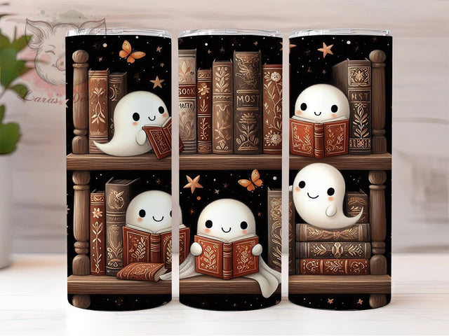 Bookish Ghost Spooky Floral Tumbler Wrap, Bookish Mug, Spooky Floral Art, Cozy Gothic Decor, 20Oz Tumbler Wrap, Sublimation Design, Haunted Library Print Sublimation Lara' s Designs 