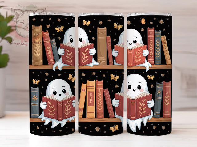 Bookish Ghost Spooky Floral Tumbler Wrap, Bookish Mug, Spooky Floral Art, Cozy Gothic Decor, 20Oz Tumbler Wrap, Sublimation Design, Haunted Library Print Sublimation Lara' s Designs 