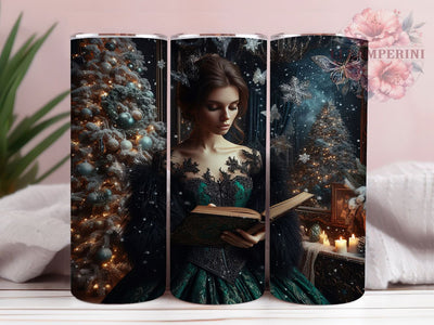 Bookish Gothic Christmas Tumbler, Dark Holiday Wrap, Gothic Woman Sublimation, 20oz Gothic Tumbler, Festive Book Lover Art, Seasonal Gothic Mug, Whimsical Dark Cup Sublimation Li Zamperini 